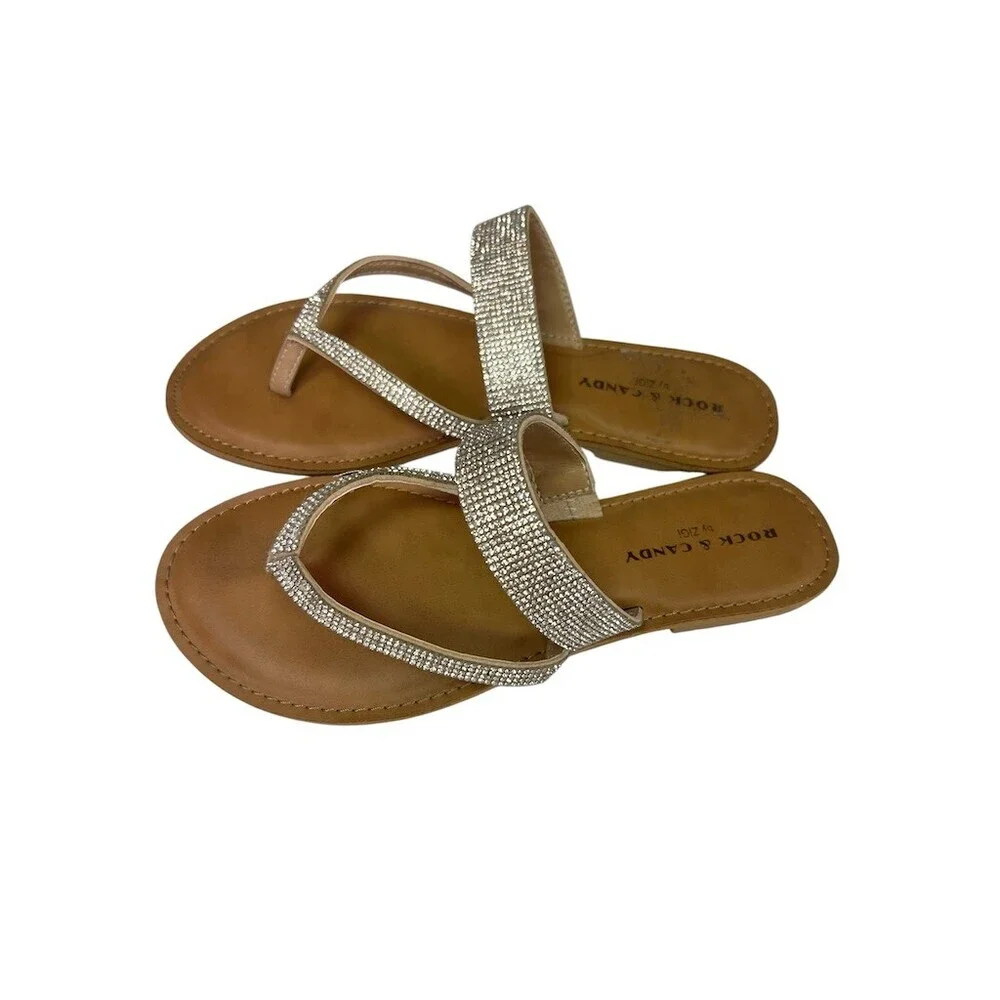 Rock & Candy by Zigi Slide Sandals Womens 7.5 Beige/Tan Rhinestone Thong Flat